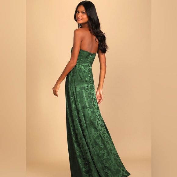 Lulus Made to Marvel Emerald Green Satin Jacquard Strapless Maxi Dress - Picture 2 of 8